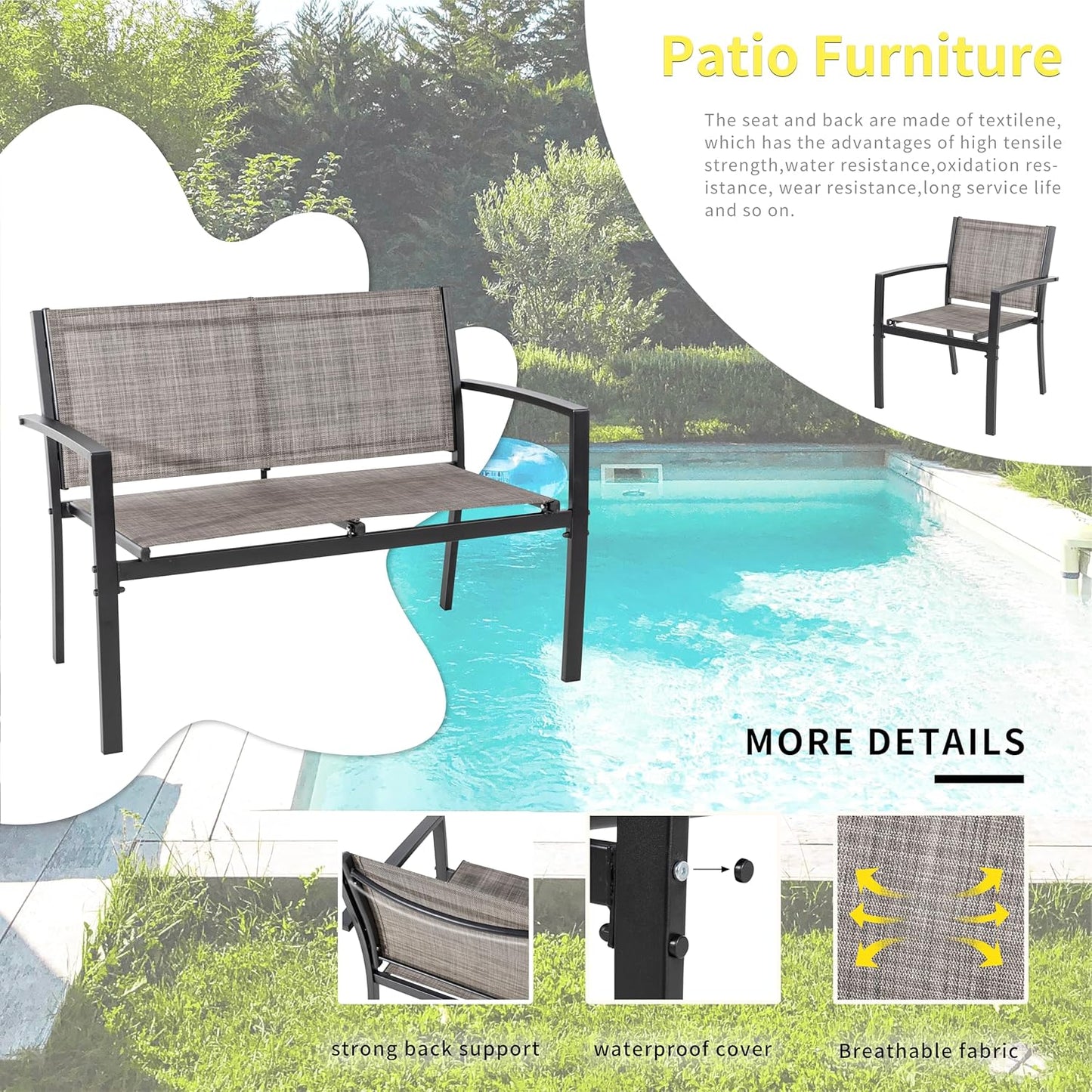 4 Pieces Patio Furniture Set All Weather Textile Fabric Outdoor Conversation Set, with Glass Coffee Table, Loveseat, 2 Single Chairs for Home, Garden, Lawn, Porch（Light Brown）