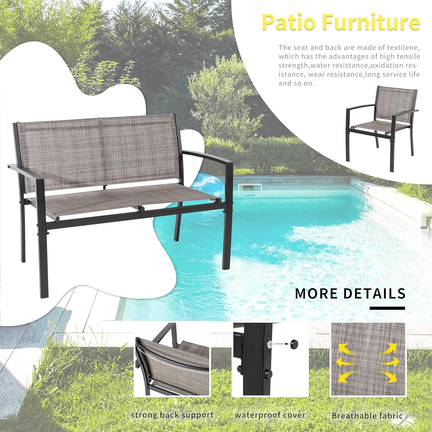 4 Pieces Patio Furniture Set All Weather Textile Fabric Outdoor Conversation Set, with Glass Coffee Table, Loveseat, 2 Single Chairs for Home, Garden, Lawn, Porch（Light Brown）
