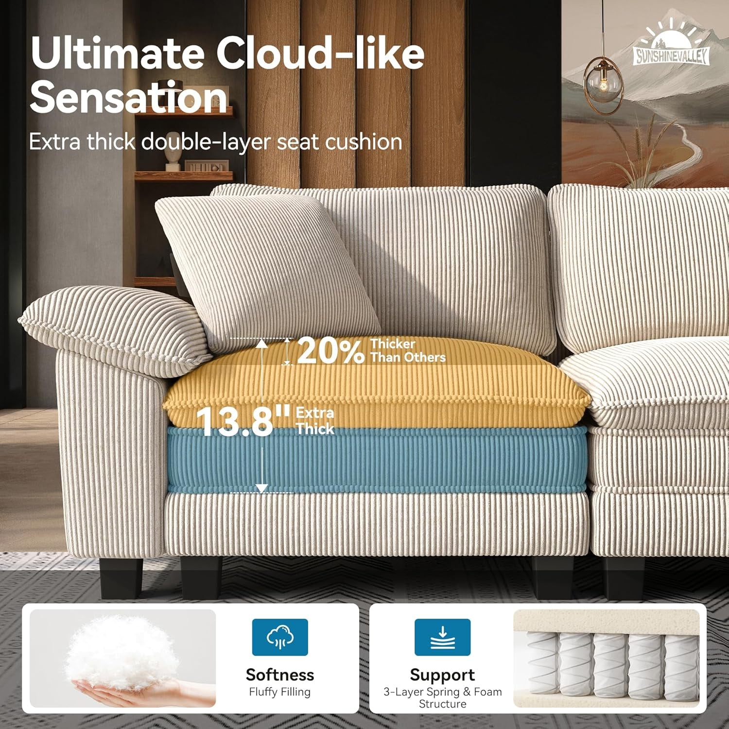 87.5'' Oversized Loveseat Couch and Chair Set, 3-Seat Corduroy Modern Modular Cloud Sofa with Pillow, 2 Piece Living Room Deep Sectional Sofa Furniture Set for Apartment, Beige