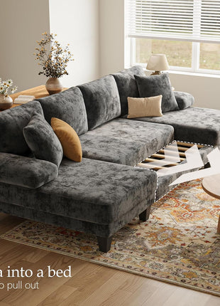 Premium Chenille U-Shaped Sleeper Sofa Bed - 112" Dark Grey for Living Room Comfort