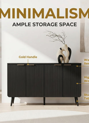 47.2" Contemporary Fluted Sideboard Cabinet with Four Doors, Wooden Storage Credenza with Shelves, Versatile Buffet Cabinet for Entryway, Dining, and Living Room, Black