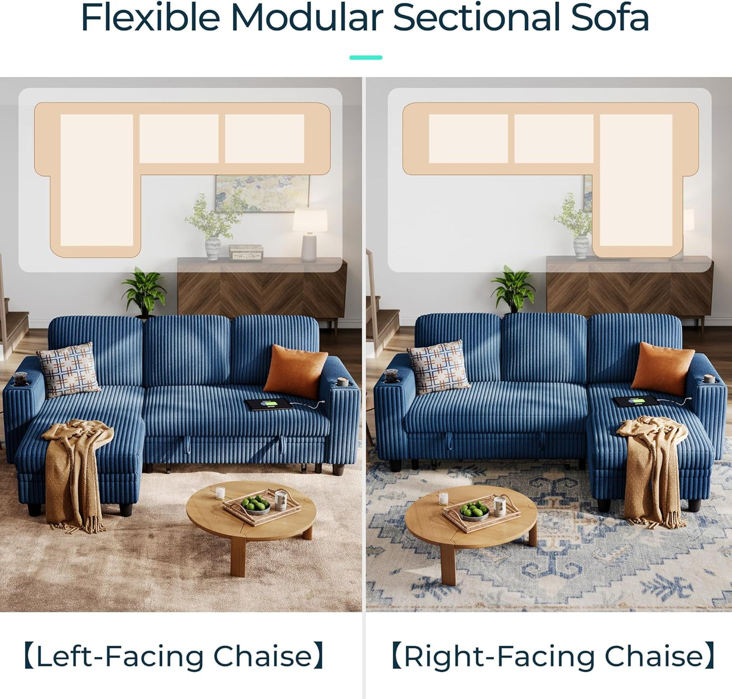 Sectional Sleeper Sofa Pull Out Couches for Living Room (Blue, Sleeper Sofa 1) | Pull Out Sofa Bed, Storage, USB Charging, Cup Holders, Plush Corduroy
