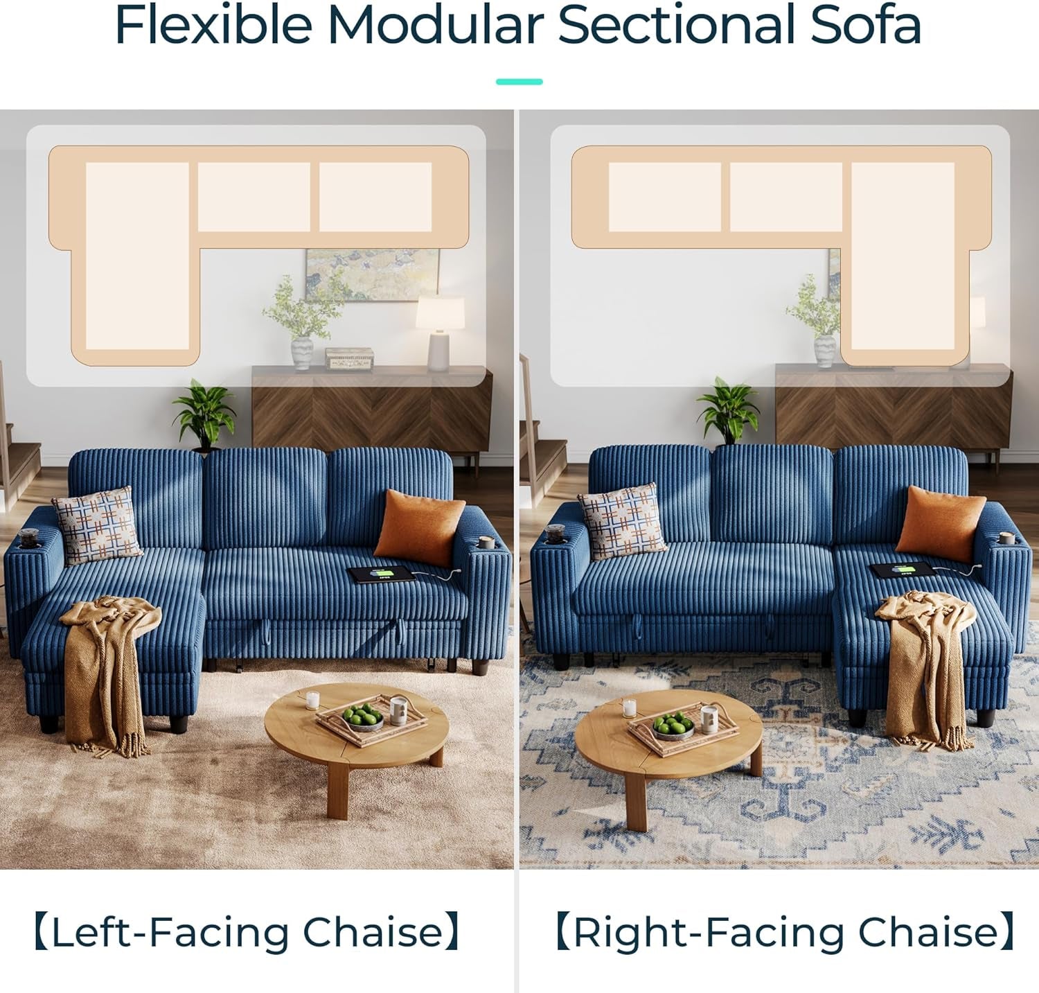 Sectional Sleeper Sofa Pull Out Couches for Living Room (Blue, Sleeper Sofa 1) | Pull Out Sofa Bed, Storage, USB Charging, Cup Holders, Plush Corduroy