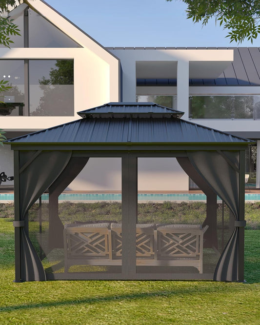 10X12 Ft Hardtop Gazebos with Heavy Duty Double Roof, Nettings and Curtains Galvanized Steel Outdoor Gazebos for Patio, Backyard, Deck, Lawn (Grey)