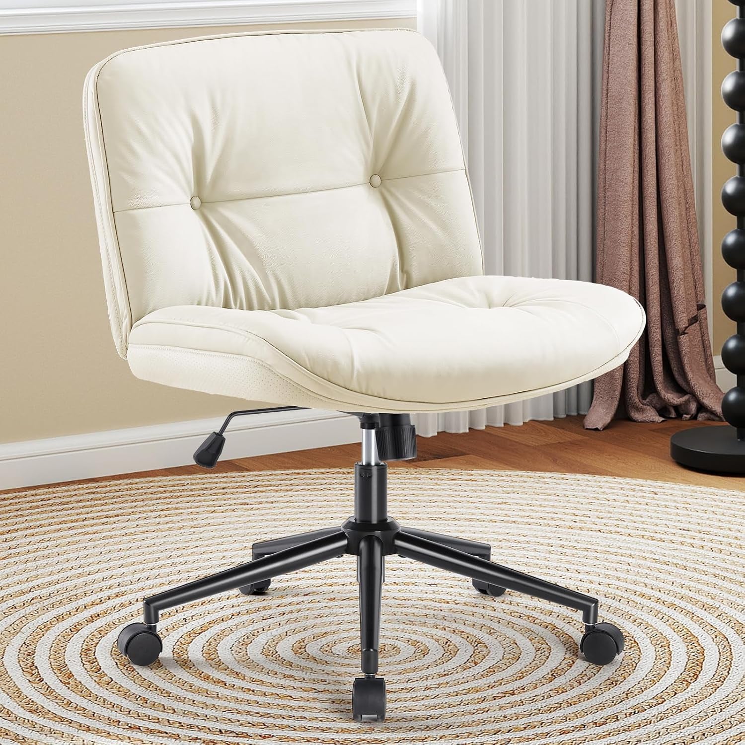 Criss Cross Chair with Wheels, Armless Wide Cross Legged Vanity Office Desk Chair with Comfy PU Leather& Back - Swivel for Home Office Bedroom, Beige