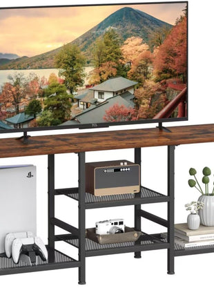 55-Inch Rustic Brown TV Stand with 3-Tier Open Shelves for Living Room and Bedroom