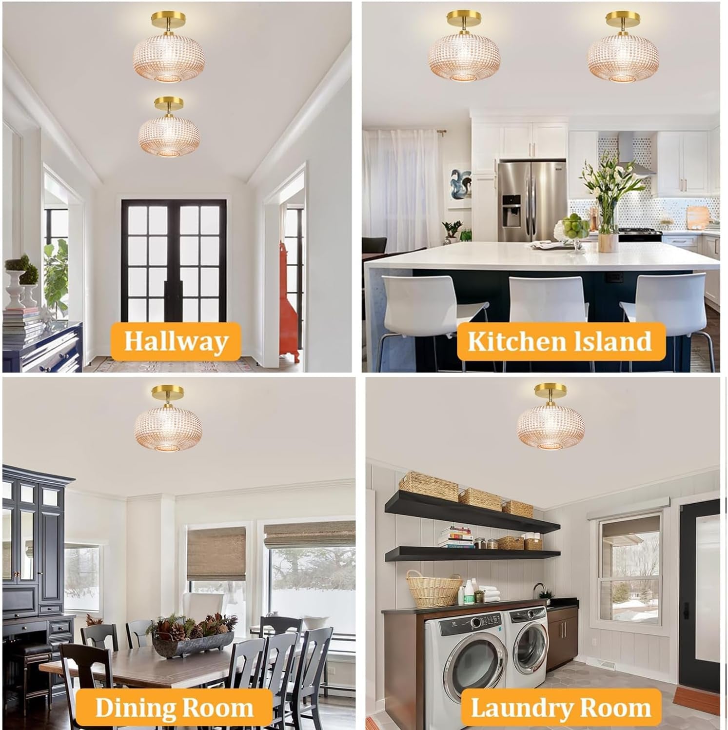 Semi Flush Mount Ceiling Light,Vintage Ceiling Light Fixture,Hallway Lighting Fixture with Amber Glass Shade,Globe Glass Light Fixture,Kitchen Lighting Fixtures Ceiling for Bedroom,Bathroom,Porch