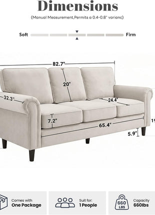 Mid-Century Modern 3-Seater Sofa with Rolled Arms and Deep Cushions, Beige, Ideal for Living Rooms and Apartments, Easy Assembly