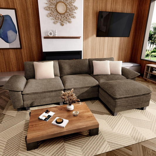 123-Inch L Shaped Sectional Sofa with Cloud Cushions, Deep Seat Modular Couch Set W/ 4 Seats & 1 Ottomans, Removable Arms, Plush Chenille Upholstery for Living Room, Apartment - Taupe
