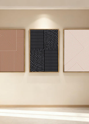 Neutral Abstract Modern Canvas Wall Art Set of 3 - Framed Black, White, and Beige Decor for Boho Minimalist Aesthetics, Geometric Line Paintings for Living Room, Bedroom, and Office - 16x24 Inches