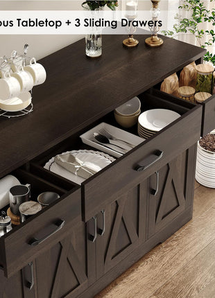55" Modern Farmhouse Buffet Cabinet with Drawers and Shelves, Dark Brown Wood Sideboard Storage for Kitchen and Dining Room