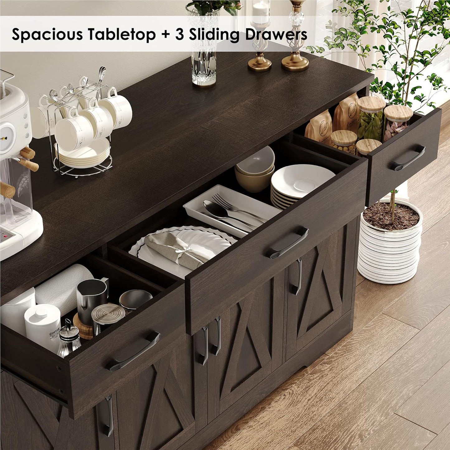 Buffet Cabinet with Drawers, 55" Large Sideboard Buffet Storage Cabinet with Shelves and Doors, Modern Farmhouse Coffee Bar Station Wood Kitchen Table for Kitchen, Dining Room, Dark Brown