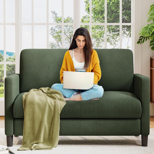 Loveseat Sofa, 51" Love Seat, Comfy Corduroy Small Loveseat for Small Spaces, Tool-Free Setup Couch for Bedroom, All-Wood Couches for Living Room, No Pillow Included, Green