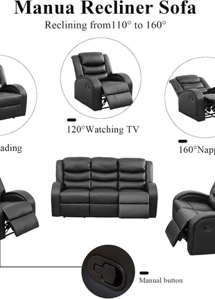 3-Piece Leather Sectional Recliner Sofa Set for Living Room and Office in Deep Black