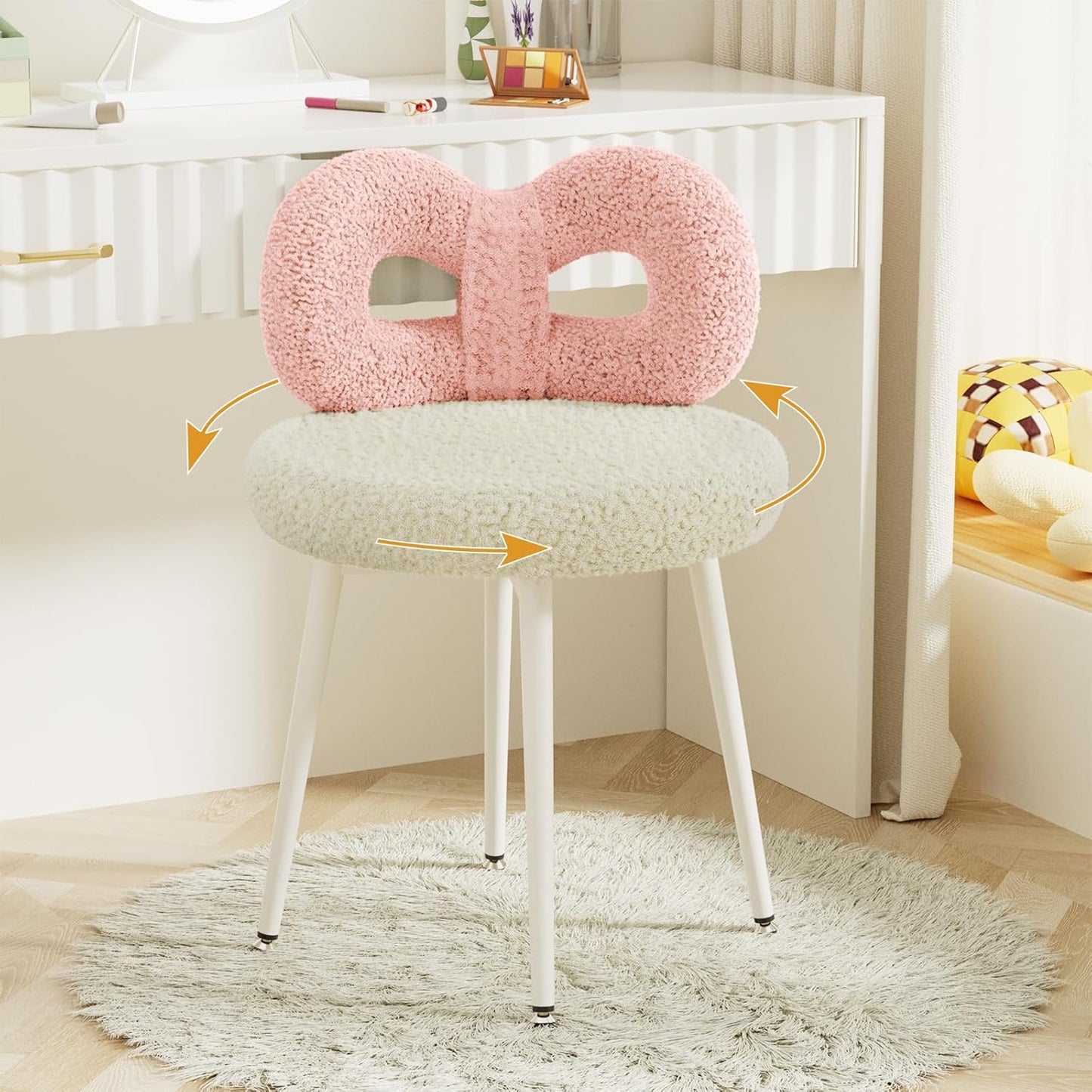 Swivel Vanity Chair with Back, Upholstered Desk Chair for Girls, Modern Makeup Vanity for Bedroom, Living Room (Pink and Off-White)
