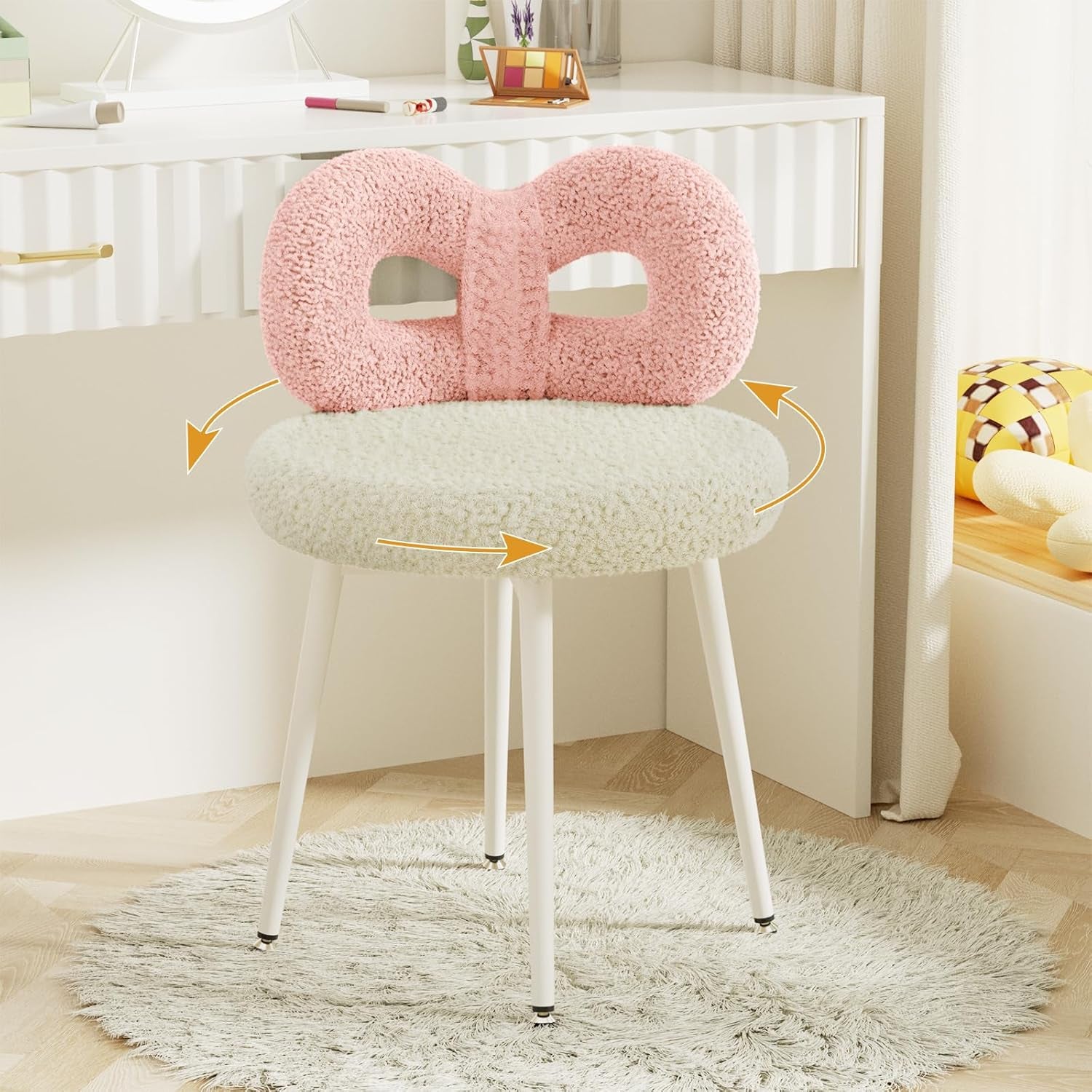 Swivel Vanity Chair with Back, Upholstered Desk Chair for Girls, Modern Makeup Vanity for Bedroom, Living Room (Pink and Off-White)