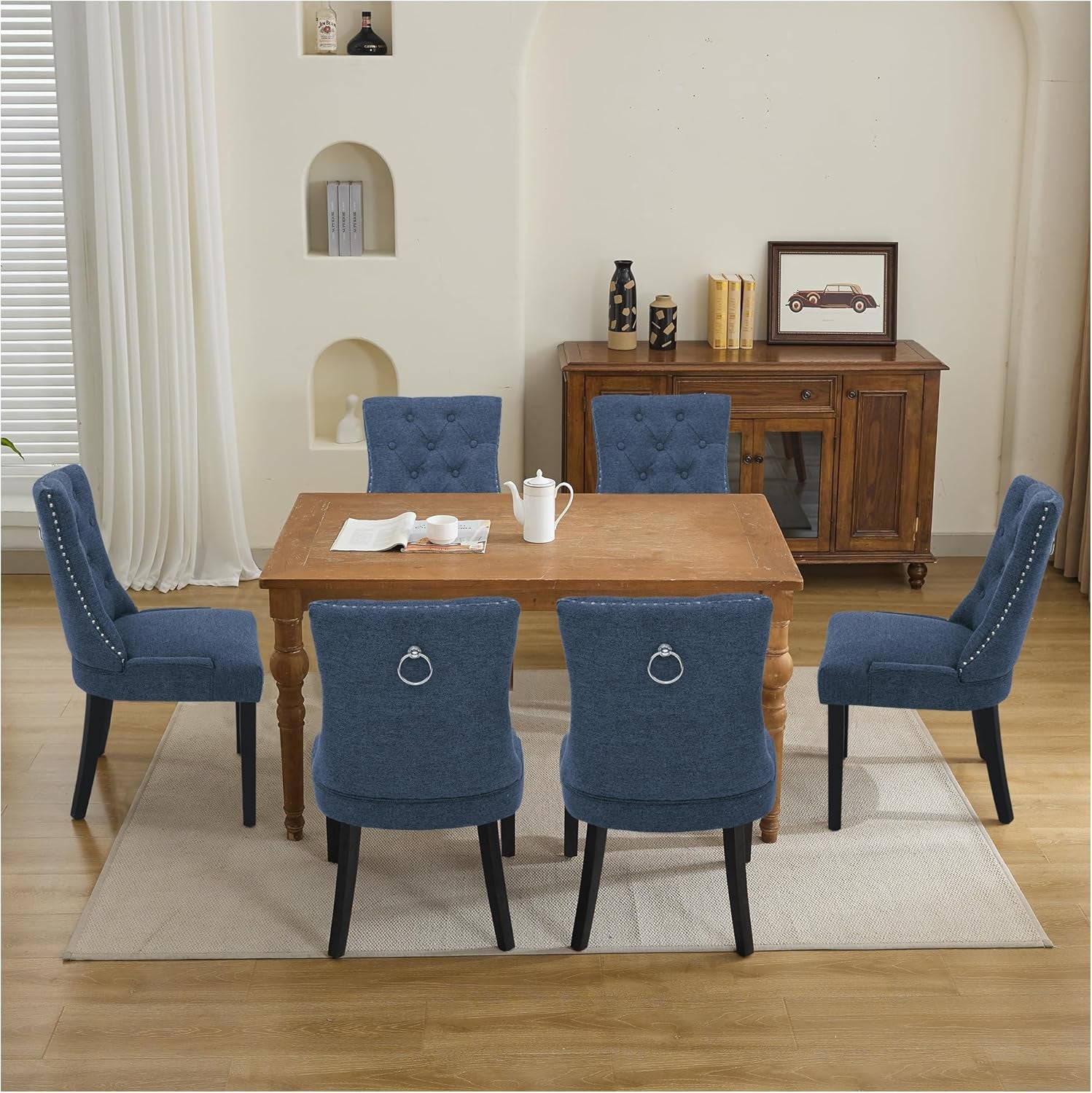 Upholstered Tufted Dining Chairs Set of 4, Fabric Side Dining Room Chairs with Nailhead Back Ring Pull Trim Solid Wood Legs, Dark Blue