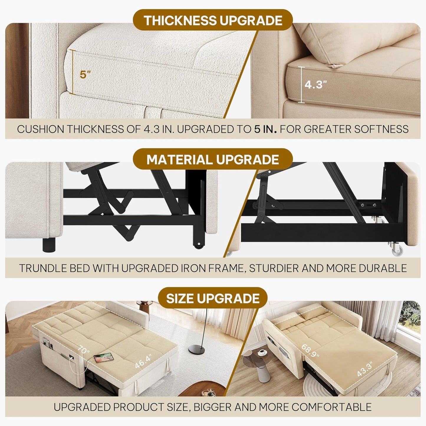 55" Convertible Sofa, 3-In-1 Sleeper Sofa with Pull-Out, Velvet Futon Couch with Adjustable Backrest and USB, Modern Loveseat for Living Room Apartment, Light Beige