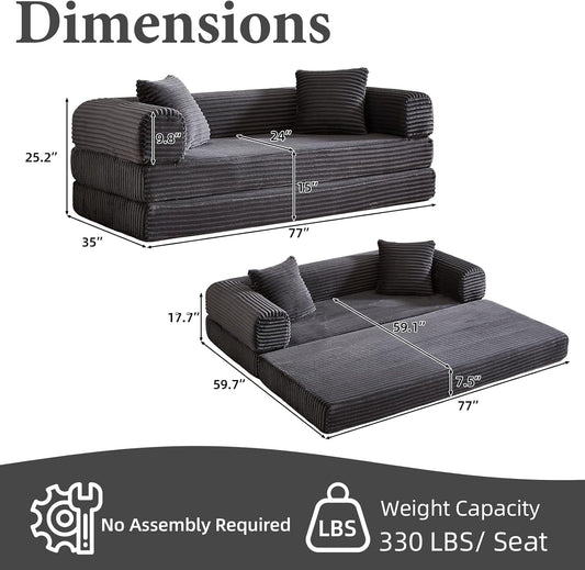 78 Inch Convertible Futon Sofa Bed,Folding Boneless Couches with Sleeper Sofa,Fold Out Floor Sofa Couch with Deep Seat,Cloud Corduroy Foldable Mattress Couch for Living Room (Dark Grey)