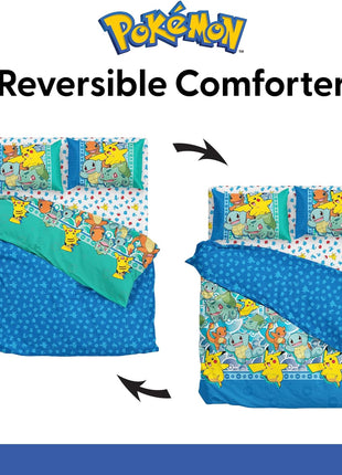 Pokémon First Starters Full Size Bed in a Bag Set featuring Pikachu, Charmander, Squirtle, and Bulbasaur for Kids Bedding Comforter and Sheets