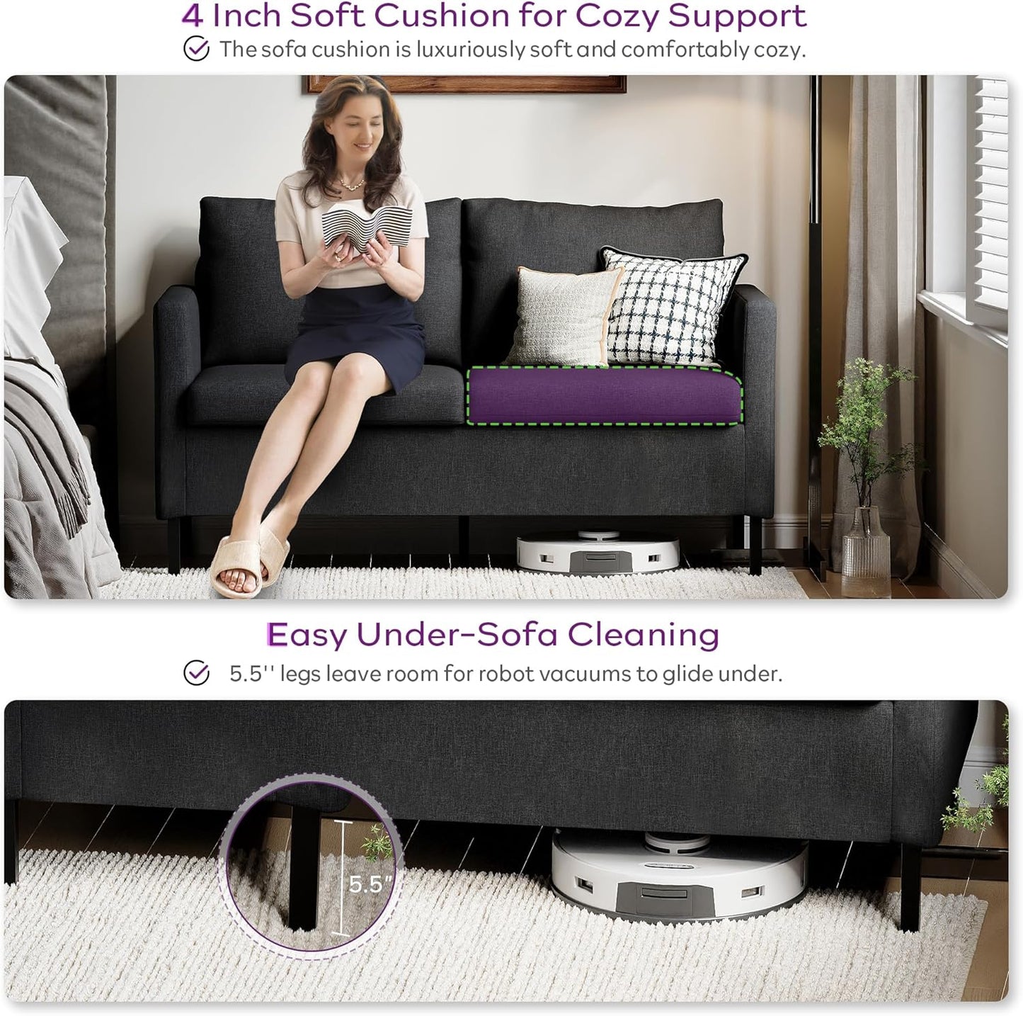 Linen Fabric Modern Small Loveseat Sofa Couch for Living Room, 51" W Little Upholstered 2-Seater Mini Love Seats W/Iron Legs for Small Space, Apartment, Bedroom, Dorm, Office (Dark Grey)