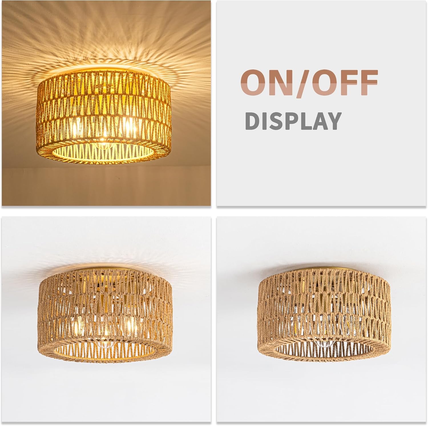 Rattan Ceiling Light Fixture, 3 Light Bohemian Modern Woven Ceiling Light, Boho Flush Mount Ceiling Light for Bedroom Living Room Dining Room, Bulb NOT Included