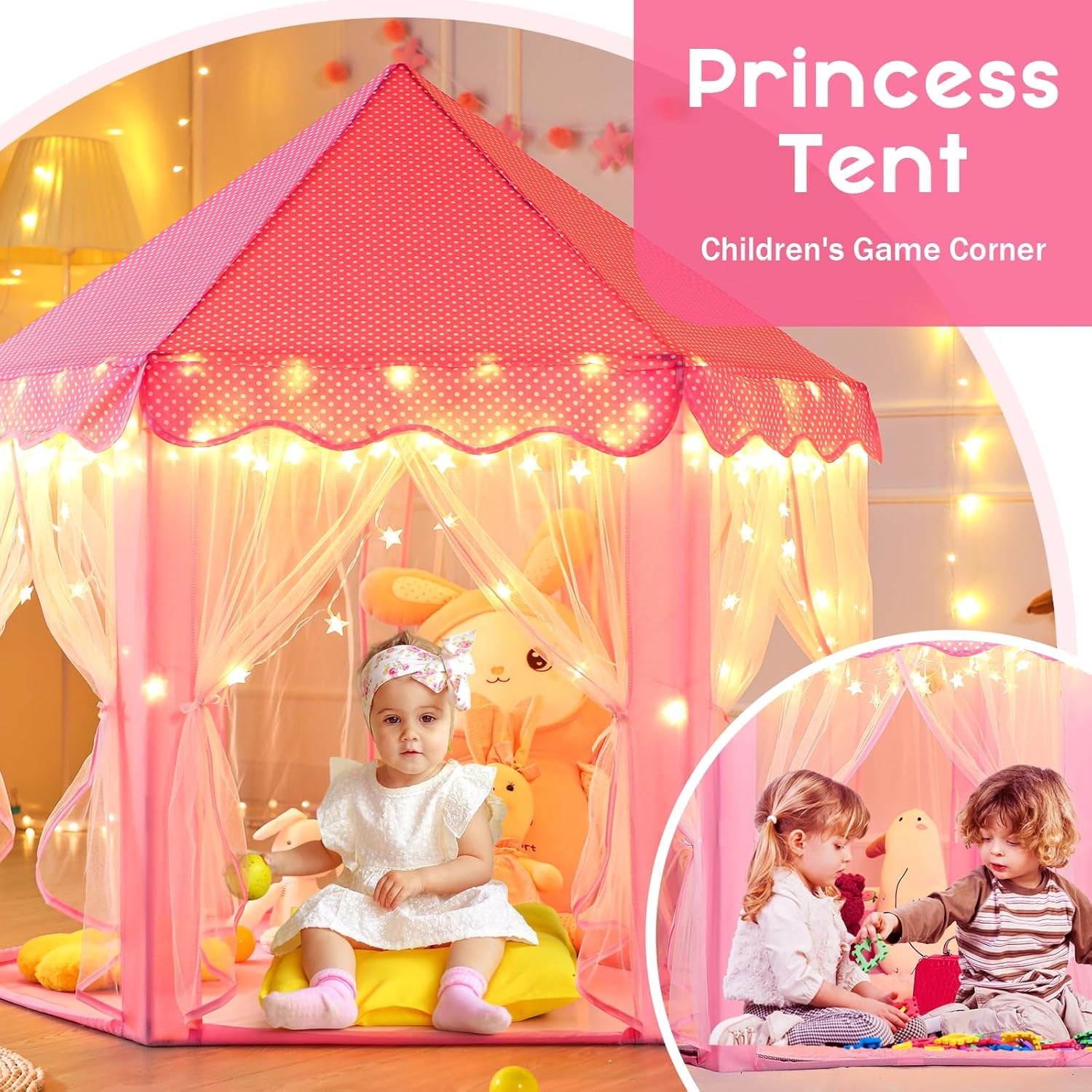 Princess Tent Girls Large Playhouse Kids Castle Play Tent with Star Lights Toy for Children Indoor and Outdoor Games, 55'' X 53'' (Dxh)