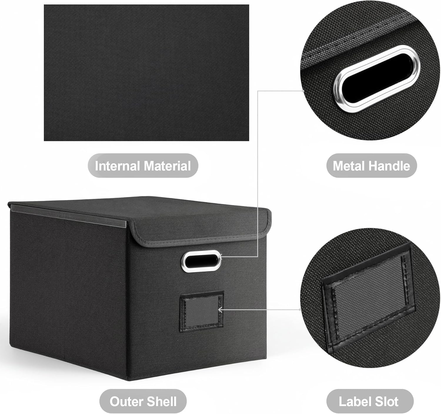 Collapsible File Box with Lid & Plastic Slide - Hanging Document Organizer for Office/Home, 14.96X12.6X10.83 Inch,Decorative Home File Bin,Black, 1 Pack (No Folders Included)