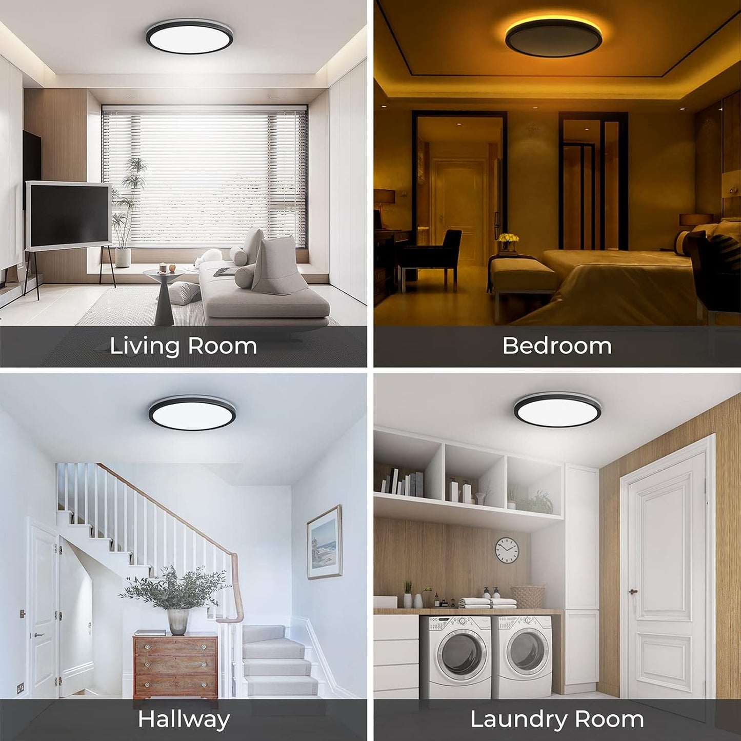 12 Inch LED Flush Mount Ceiling Light Fixture with Night Light, 24W 2400LM 3000K/4000K/5000K Selectable, Dimmable Ceiling Lights for Bedroom, Dining Room, Kitchen, round Black