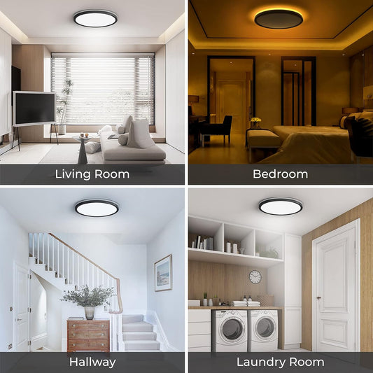 12 Inch LED Flush Mount Ceiling Light Fixture with Night Light, 24W 2400LM 3000K/4000K/5000K Selectable, Dimmable Ceiling Lights for Bedroom, Dining Room, Kitchen, round Black