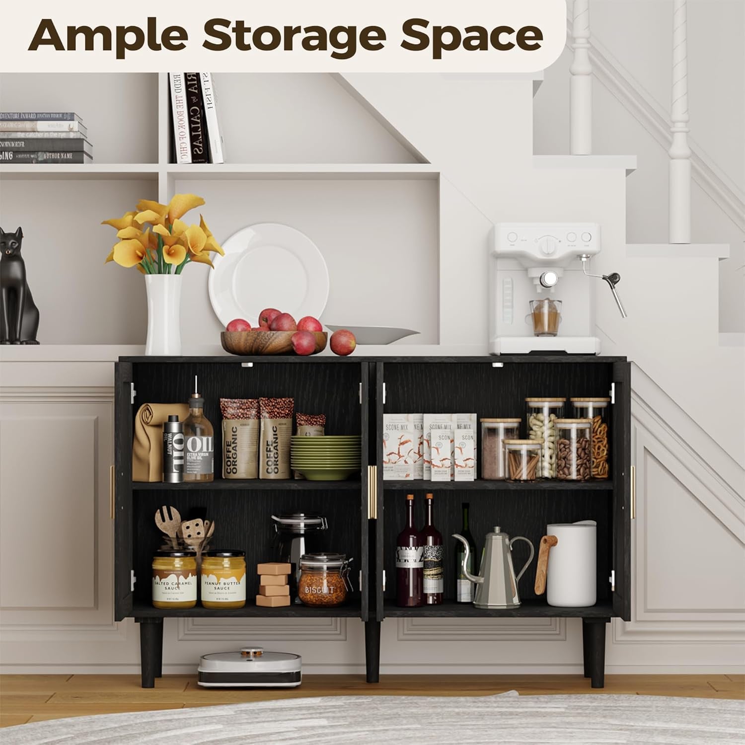 Modern Rattan-Door Sideboard Cabinet – 4-Door Credenza Buffet with Ample Storage, Large Accent Cabinet for Entryway, Living Room, Dining Room & Kitchen, Black & Grey