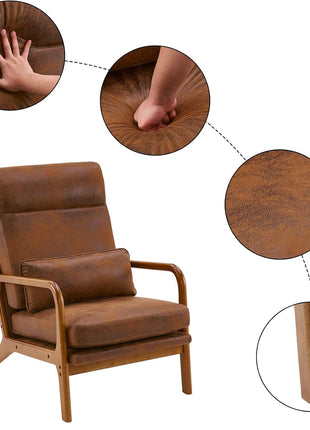 Karl Mid-Century Modern Accent Chair with Pillow, High Back Bronzing Fabric Upholstery, Solid Wood Frame, and Plush Cushion for Living Room, Bedroom, or Balcony - Brown