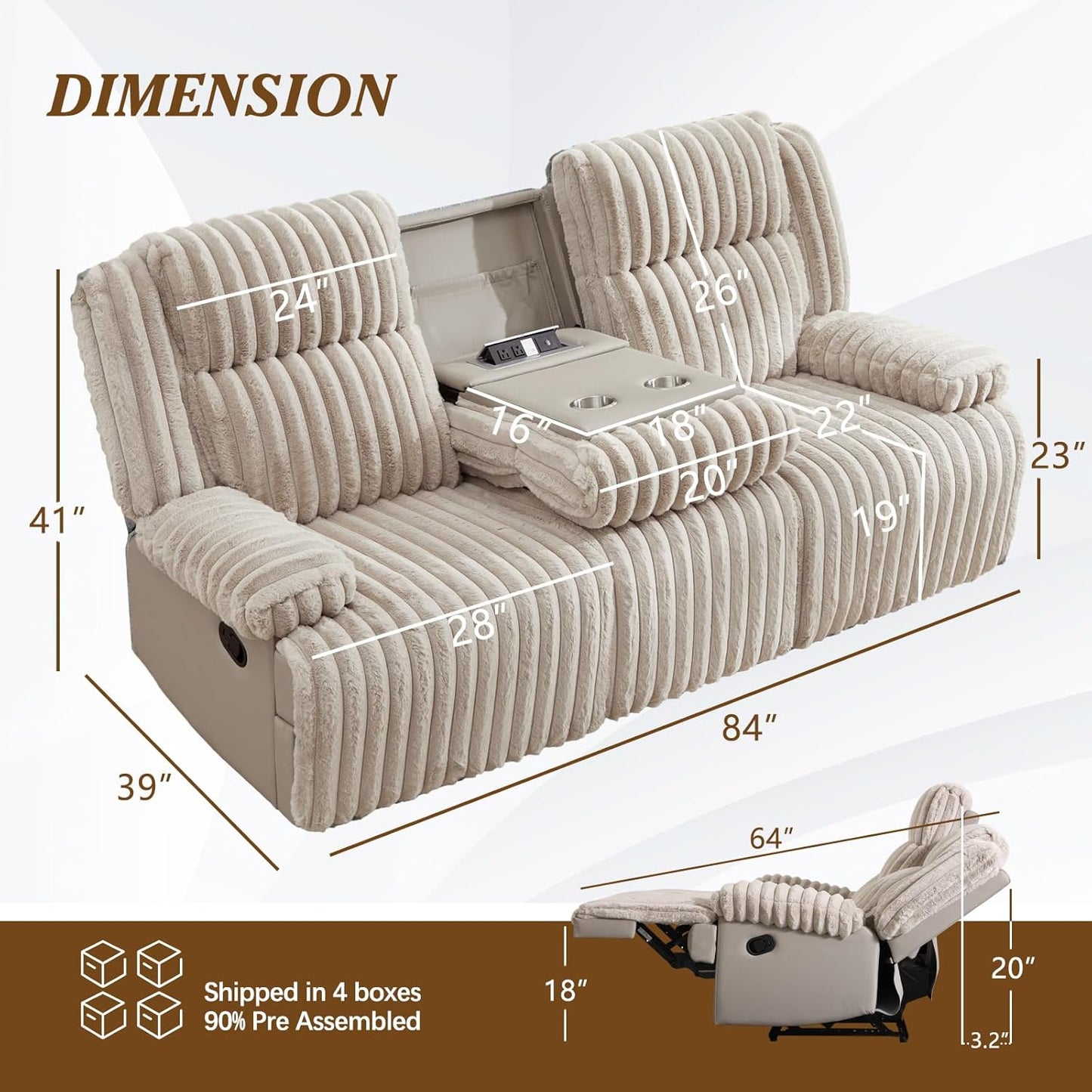Oversized Reclining Sofa with Flip-Up Middle Backrest, Manual 3 Seater Recliner Sofa, Wall Hugger Recliner Couch with Outlets/Usb Ports for Living Room, Bedroom(Beige, Sofa)