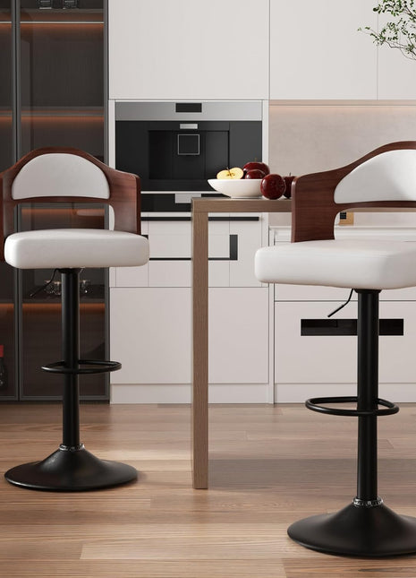 Set of 2 Contemporary Swivel Bar Stools with Backrest and Footrest, Wooden Upholstered PU Leather, Counter Height for Kitchen Island, White