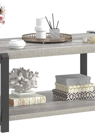 Modern Rustic Coffee Table with Storage Shelf - Industrial 2-Tier Rectangle Design in Light Grey for Living Room