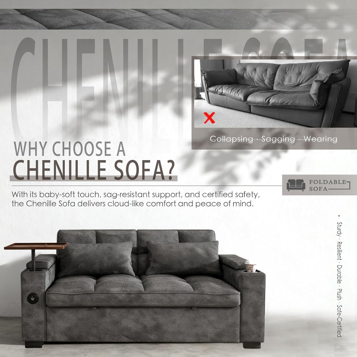 65'' 3 in 1 Convertible Sleeper Sofa Bed, Chenille Pull Out Couch for Living Room with 90° Swivel Side Table, Loveseat Sleeper with Charging Port | Side Pocket | Cup Holders, Grey