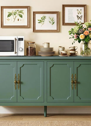 59-Inch Vintage Buffet Cabinet with Adjustable Shelves and Carved Handle, Mid-Century Modern Forest Green Sideboard for Kitchen and Dining Room