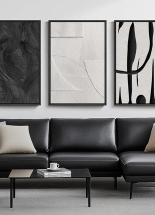 Large Framed Black and White Abstract Canvas Art Set - 3-Piece Modern Wall Decor for Living Room, Minimalist Artwork for Hallway and Office, 24x36 Inches