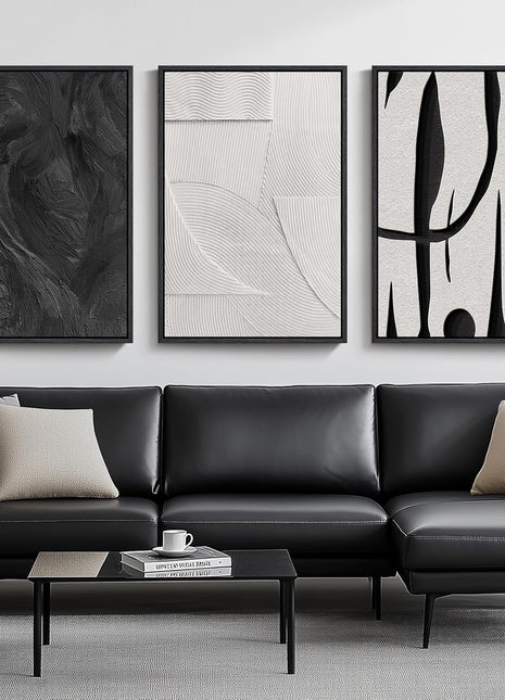 Large Framed Black and White Abstract Canvas Art Set - 3-Piece Modern Wall Decor for Living Room, Minimalist Artwork for Hallway and Office, 24x36 Inches