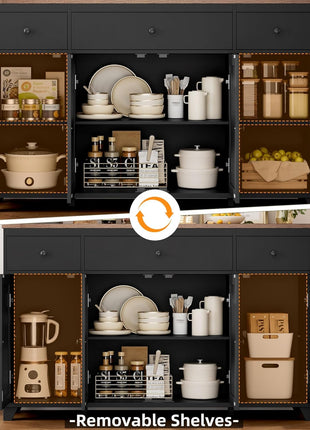 55-Inch Farmhouse Buffet Cabinet with Storage Drawers and Shelves - Versatile Wood Sideboard for Kitchen, Dining, and Living Room in Black