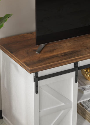 65-Inch Mid-Century Modern TV Stand with Storage Cabinets and Sliding Barn Doors in Bright White