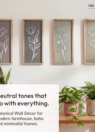 3D Wooden Floral Wall Art Set (4 Pieces) - Lightweight, Ready-to-Hang Framed Decor for Living Spaces - Premium Boho Botanical Farmhouse Decorations - Gift-Boxed