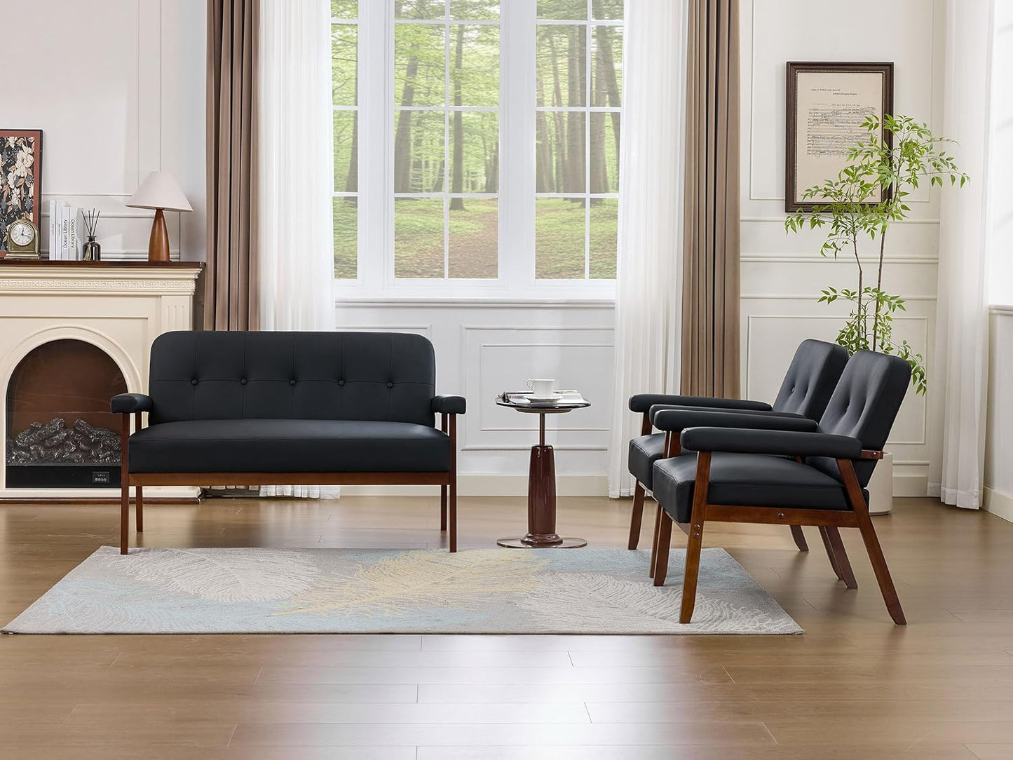 Black Leather Love Seat Sofa and Accent Chairs, Mid-Century Modern Office Furniture Loveseat Couch and Chair Set, Small Couches with Wood Arm, 3 Pieces Living Room Furniture Sets (3)