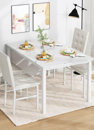 Contemporary Dining Table Set for Four with Faux Marble Surface and Leather Upholstered Chairs, Perfect for Compact Areas, White Finish