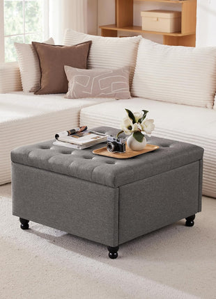 30-Inch Large Square Upholstered Storage Ottoman Coffee Table in Dark Grey Fabric for Living Room