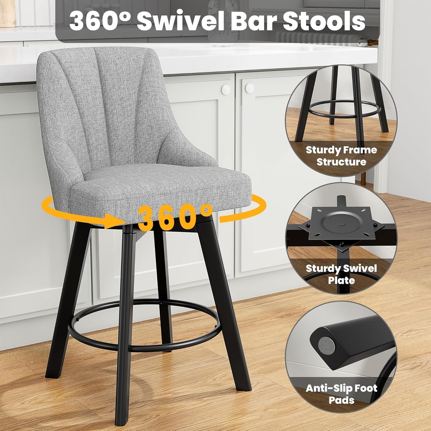 Swivel Bar Stools with Backs, 24" Counter Height Bar Stools Set of 2, Fabric Upholstered Counter Barstools with Solid Wood Legs for Kitchen Island, Home Bar, Light Gray
