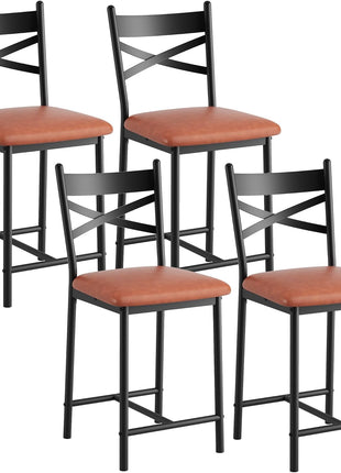 Set of 4 Modern Brown Counter Height Bar Stools with Backrest and Thick Cushion, Upholstered Dining Chairs for Kitchen Island, Bar, and Dining Room