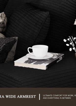 96-Inch L-Shaped Modular Sectional Sofa with Deep Seat Chaise | Boneless Cloud Couch in Soft Corduroy with Compressed Memory Foam | No Assembly Required | Ideal for Living Room, Apartment, or Bedroom | Black Finish