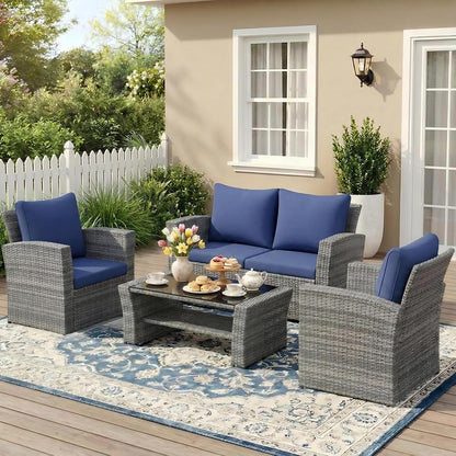 4 Piece Patio Furniture Set, Wicker Outdoor Patio Conversation Furniture Set, All Weather Outdoor Patio Sofa with Cushion and Glass Table, Navy Blue