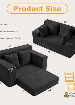 55" Convertible Boneless Loveseat Sleeper Sofa Bed with 4 Pillows - Black Corduroy, Ideal for Living Room, Guest Room, and Small Spaces, No Assembly Required